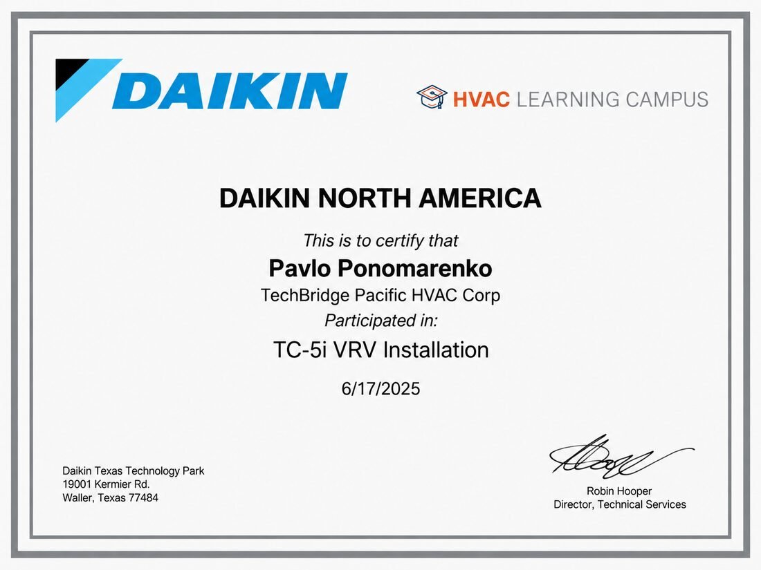 Daikin TC-5i VRV Installation certificate