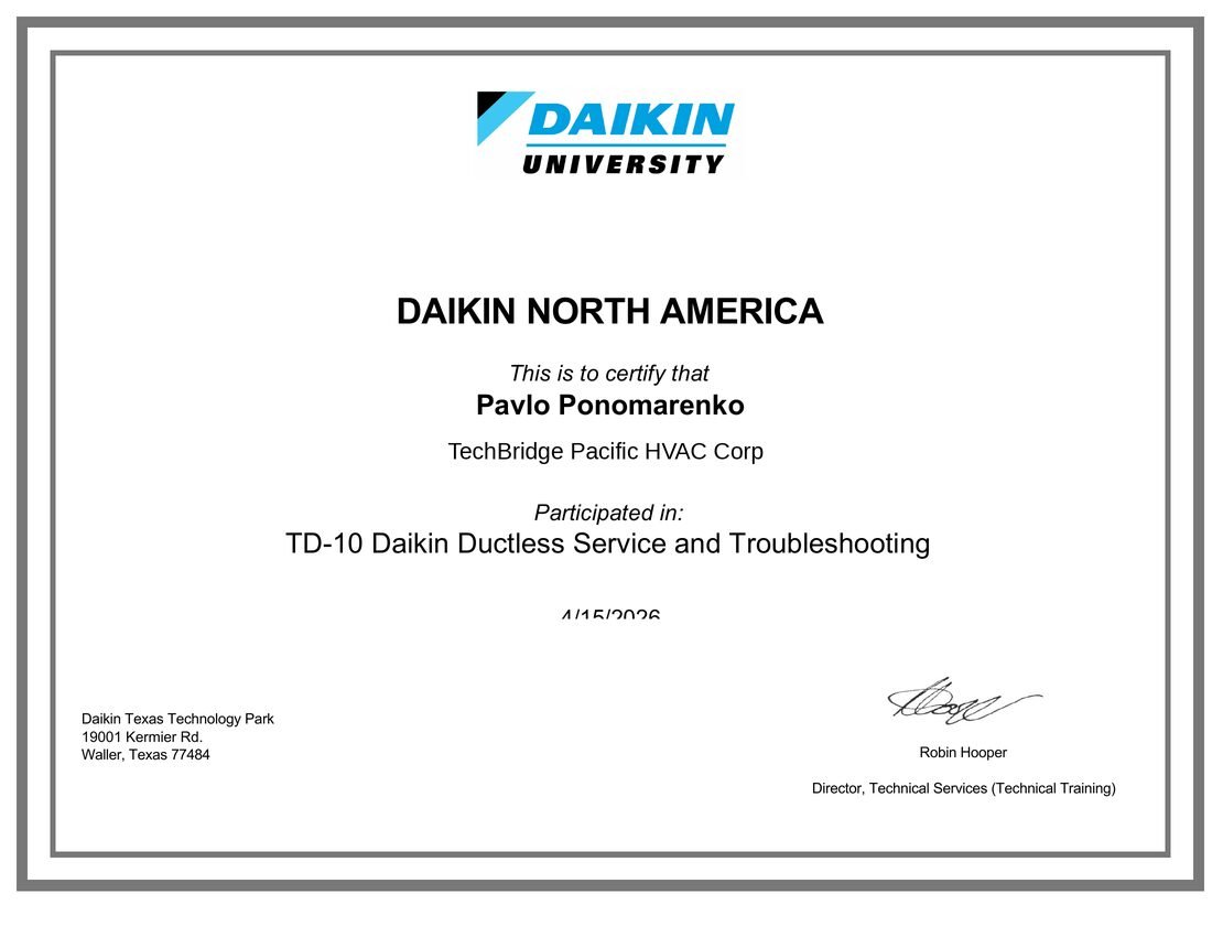 Daikin TD-10 Ductless Service and Troubleshooting certificate
