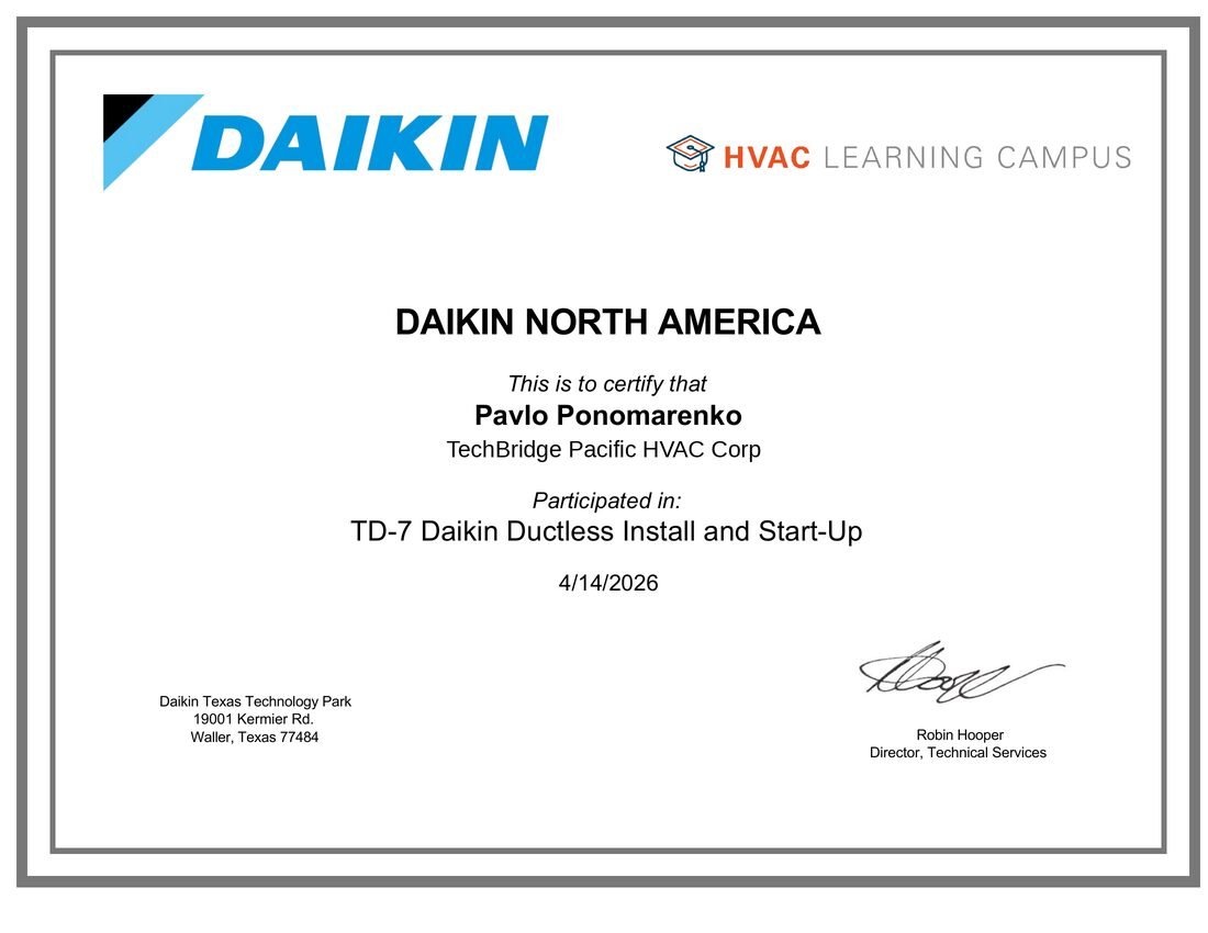 Daikin TD-7 Ductless Install and Start-Up certificate