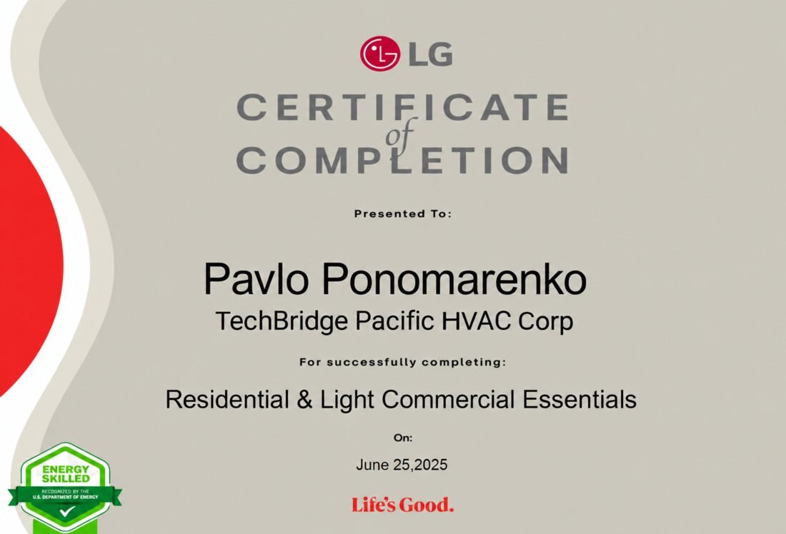 LG Residential and Light Commercial Essentials certificate